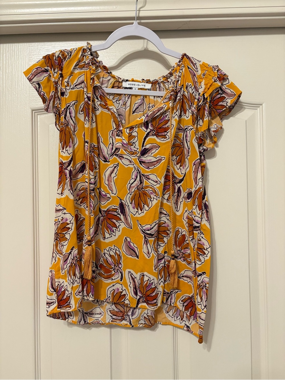 Rose & Olive Yellow Floral Tie-Neck Short Sleeve Blouse